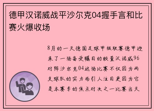 德甲汉诺威战平沙尔克04握手言和比赛火爆收场