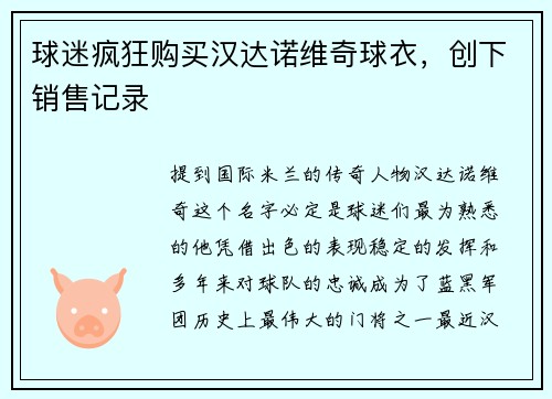 球迷疯狂购买汉达诺维奇球衣，创下销售记录